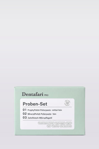 Dentafari Pro Proben-Set: Schachtel mit ProphyPolish 1, MineralPolish 2 und Zahnfleisch-Mikropflegeöl
