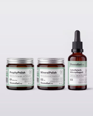 Dentafari-Pro-System: ProphyPolish 1, MineralPolish 2 und Zahnfleisch-Mikropflegeöl nebeneinander
